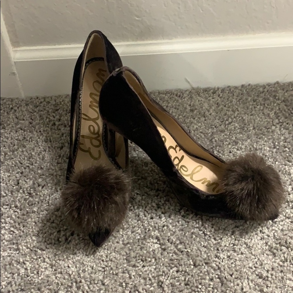 Sam Edelman brown suede pompon heels